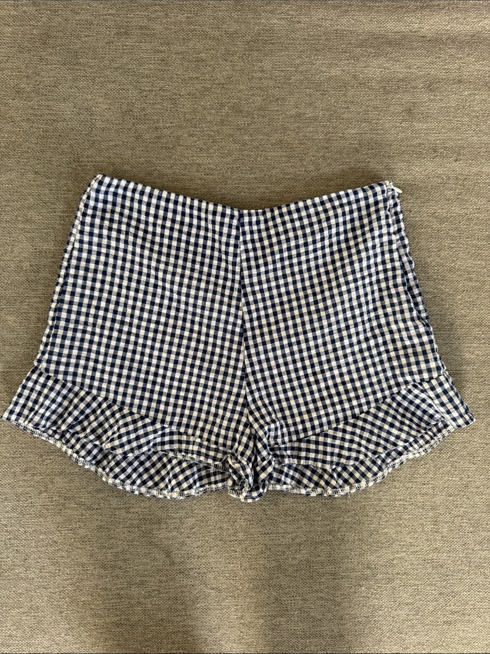 Aqua Navy and White Gingham High-Waist Ruffle Shorts